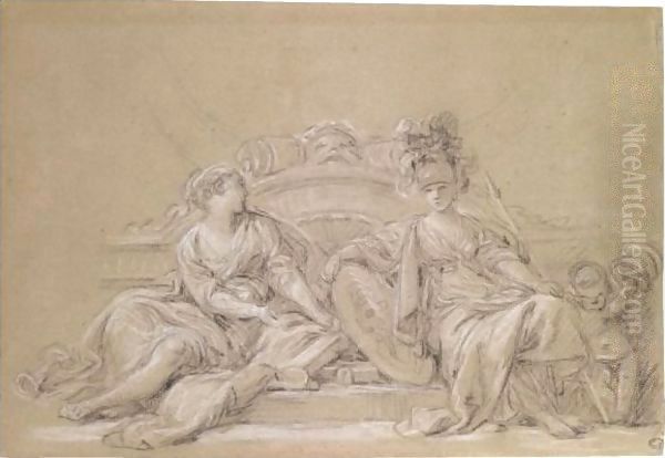 A Decorative Design With Minerva And History Attended By A Putto Oil Painting by Francois Boucher