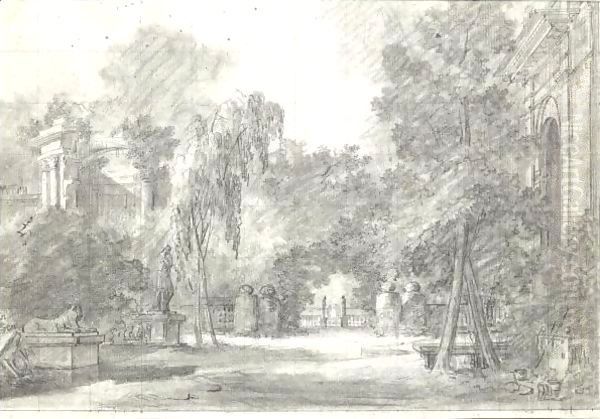 View Of A Park With Statues And Ornamental Buildings Oil Painting by Antoine Pierre Mongin