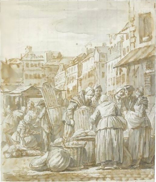 Women Gathered At A Street Market Oil Painting by Nicolas-Bernard Lepicier