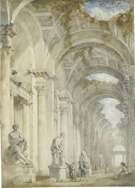 A Sculpture Gallery In A Ruined Arcade Oil Painting by Giovanni Paolo Panini