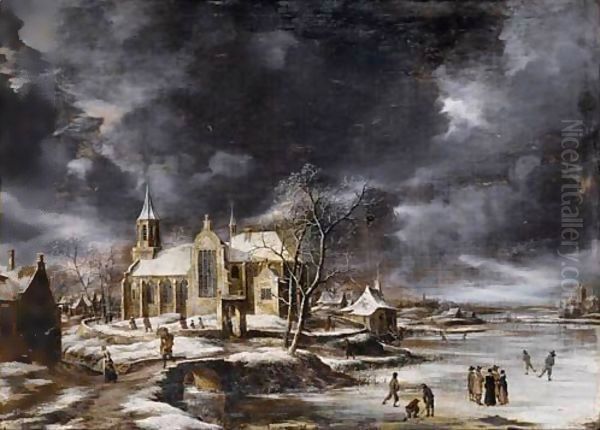 Paysage D'Hiver Anime De Patineurs Sur Une Riviere Gelee, Pres D'Une Eglise Oil Painting by Jan Abrahamsz. Beerstraten