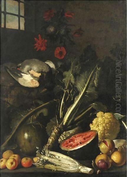 Natura Morta Con Cardo, Cavolo, Angurie, Melagrana, Cacciagione E Fiori Oil Painting by Tommaso Salini (Mao)