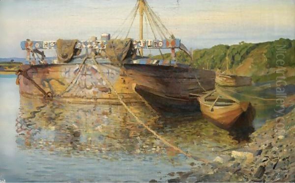 Barge On The River Oka Oil Painting by Vasily Polenov