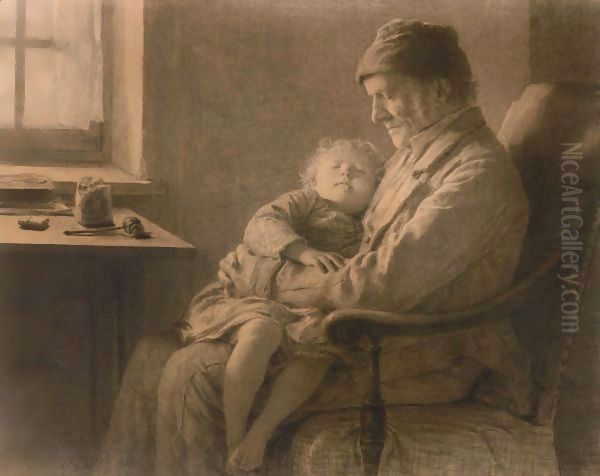 Grossvater Mit Schlafender Enkelin Grandfather With Sleeping Granddaughter Oil Painting by Albert Anker