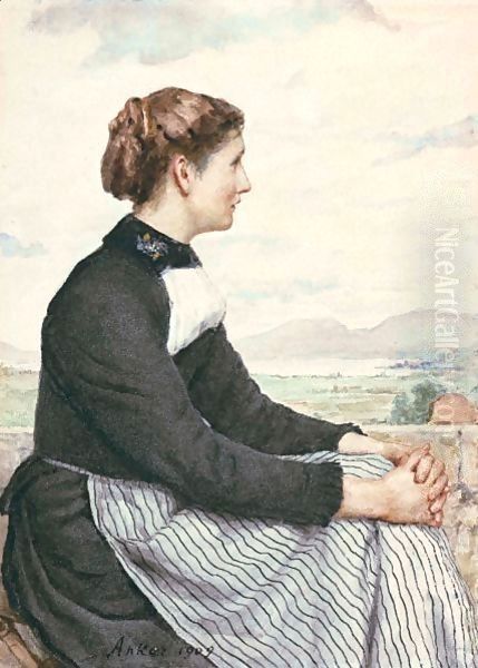 Sitting Farmers Girl (Lake Neuchatel In The Background ), 1909 Oil Painting by Albert Anker