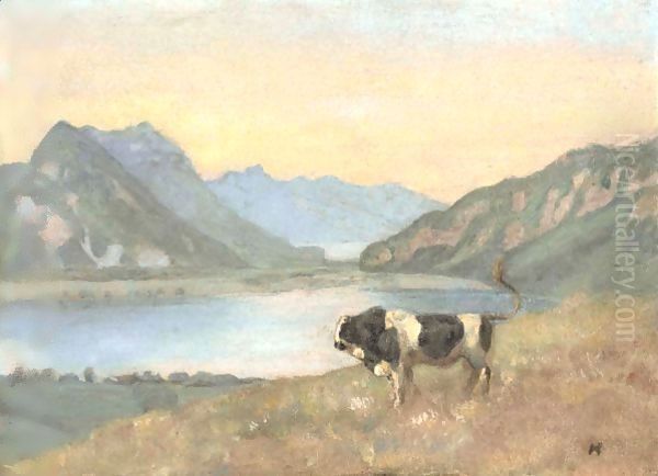 Lake Thun And Brienz With Freiburg Simmental Bull Oil Painting by Ferdinand Hodler