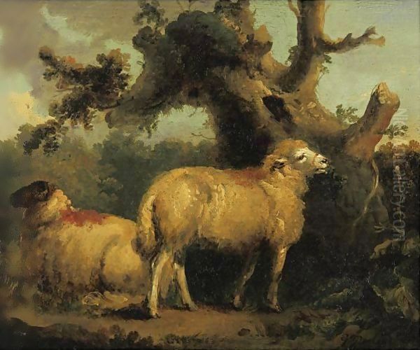 Two Sheep In A Landscape Oil Painting by George Morland