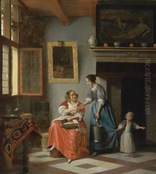 A Woman Handing A Coin To A Serving Woman With A Child Oil Painting by Pieter De Hooch