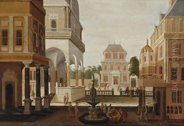 An Elaborate Architectural Capriccio With Numerous Elegant Figures Oil Painting by Nicolaes de Gyselaer