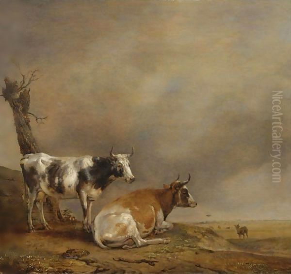 Two Cows And A Goat By A Pollarded Tree In A Landscape With Other Cows In The Distance Oil Painting by Paulus Potter