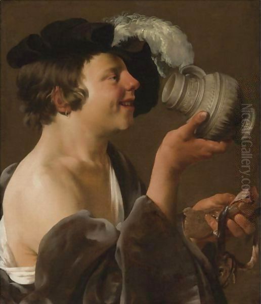 Boy In Profile, Drinking From A Tankard Oil Painting by Hendrick Terbrugghen