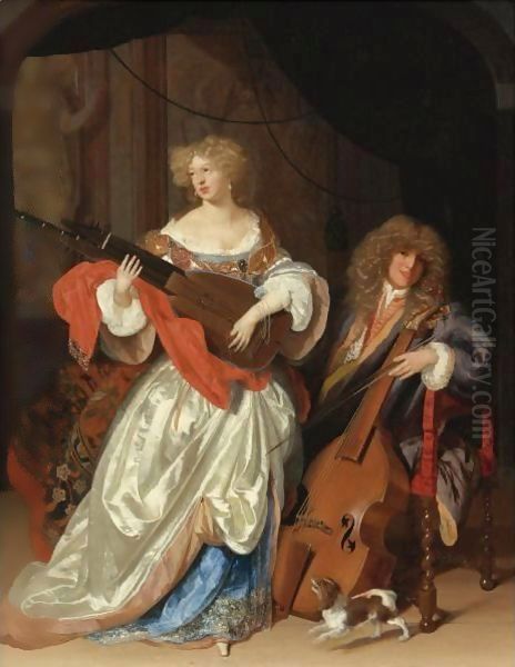 A Lady Playing The Lute And A Gentleman With A Viola Da Gamba Oil Painting by Adriaen Van Der Werff