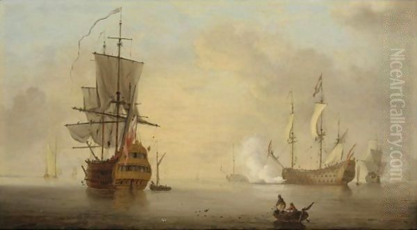 Vessels Becalmed Off The Coast Oil Painting by Samuel Scott