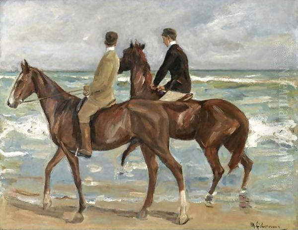 Two Riders On A Beach Oil Painting by Max Liebermann