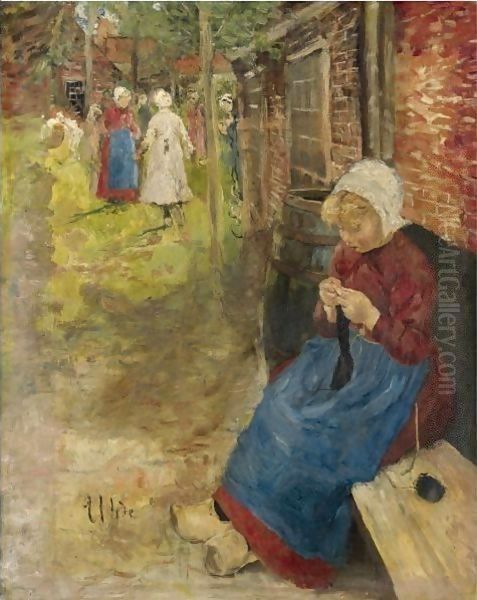 Strickendes Madchen (Girl Knitting) Oil Painting by Fritz von Uhde