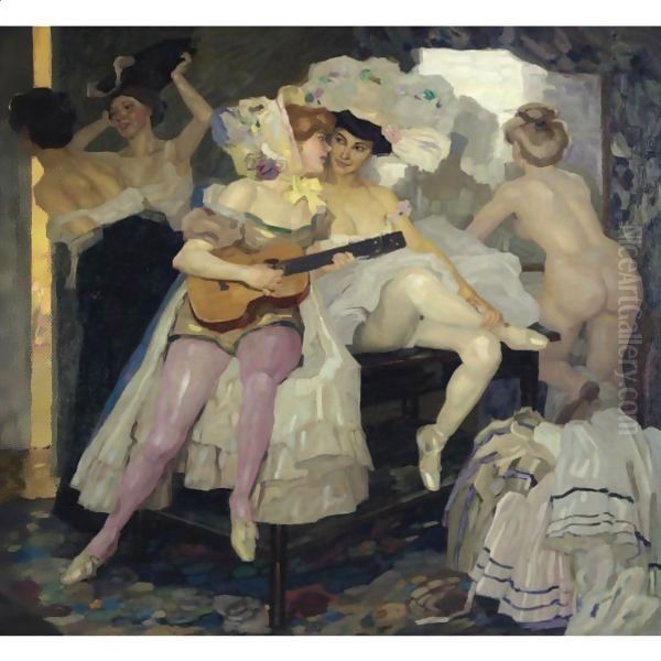 Hinter Den Kulissen (Behind The Scenes) Oil Painting by Leo Putz