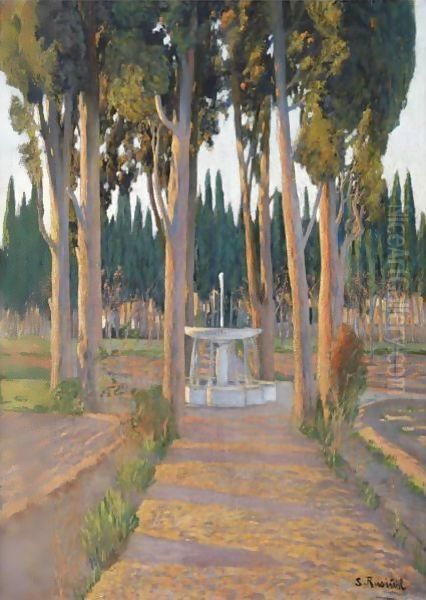 Golden Cypresses - The Orchard Of The Duke Of Gor Oil Painting by Santiago Rusinol i Prats