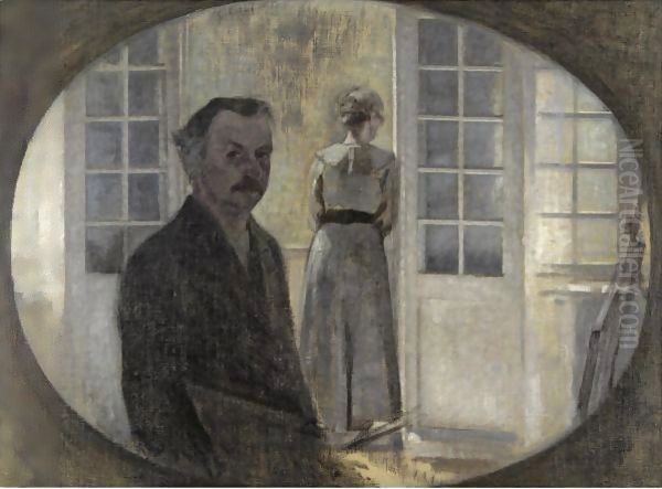 Double Portrait Of The Artist And His Wife, Seen Through A Mirror Oil Painting by Vilhelm Hammershoi