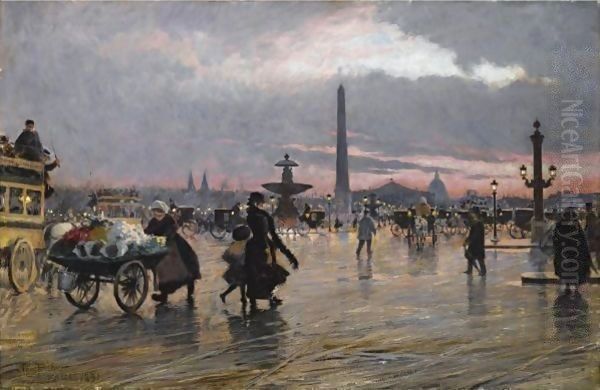 Concorde Pladsen, Paris (Place De La Concorde, Paris) Oil Painting by Paul-Gustave Fischer