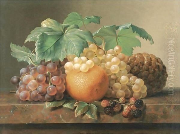 Still Life Of Grapes, Blackberries, An Orange And A Pineapple Oil Painting by Johan Laurentz Jensen