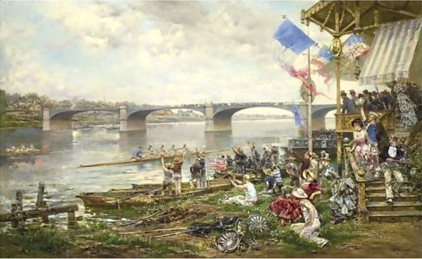 Summer Regatta At The Bridge At Bercy Oil Painting by Ludovico Marchetti