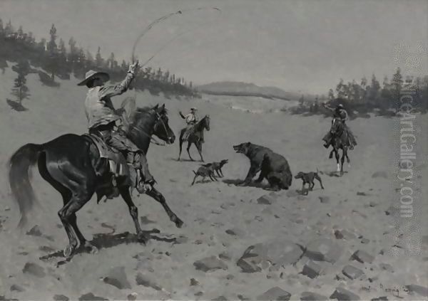 The Bear At Bay (Roping A Grizzly) Oil Painting by Frederic Remington