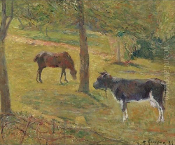 Vache Et Cheval Dans Un Pre Oil Painting by Paul Gauguin