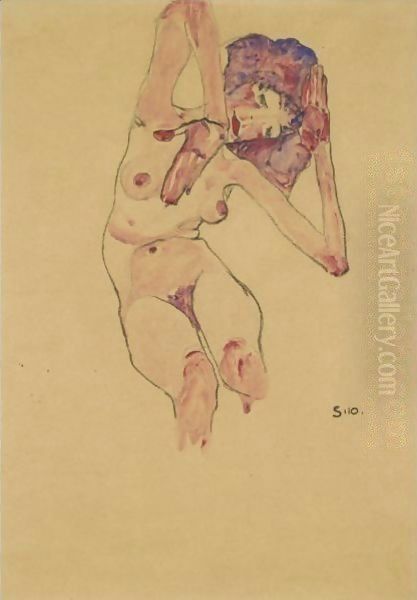 Sitzender Frauenakt Mit Geneigtem Kopf Und Erhobenen Armen (Seated Female Nude With Tilted Head And Raised Arms) 2 Oil Painting by Egon Schiele