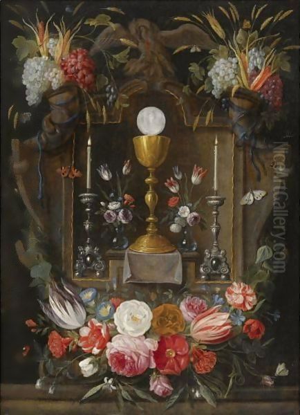 The Eucharist A Gold Chalice, A Host And Two Silver Candelabras In A Stone Niche Oil Painting by Jan van Kessel