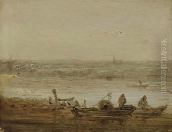 A River Landscape With Fishermen In Boats Hauling In Their Nets, A View Of A Church In The Far Distance Oil Painting by Jan van Goyen