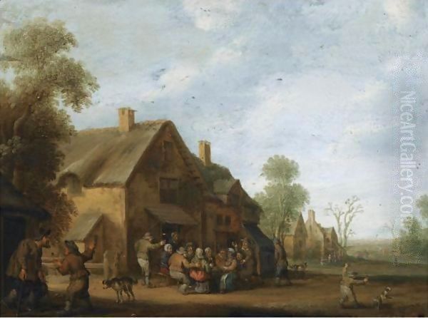 A Village Street With A Group Of Peasants Seated Outside An Inn, A Boy Playing With A Dog In The Foreground Oil Painting by Joost Cornelisz. Droochsloot