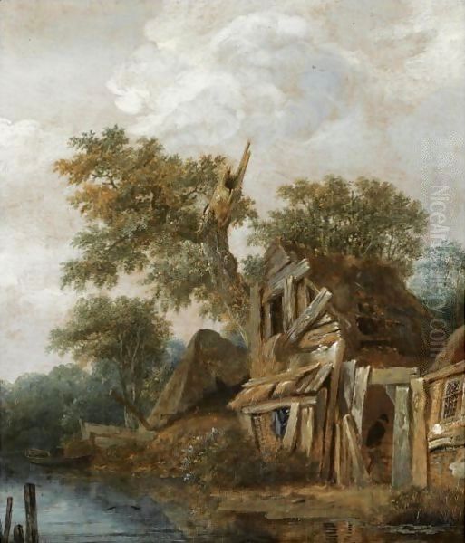 A Wooded Landscape With A Farmstead On The Banks Of A River, A Figure Entering The Cottage Oil Painting by Cornelius Decker