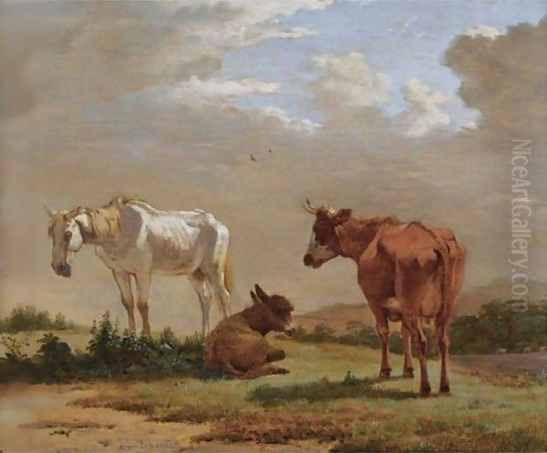 A White Horse, A Cow And A Donkey In A Landscape Oil Painting by Karel Dujardin