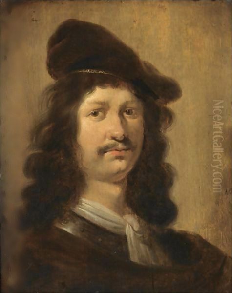 Portrait Of A Young Man With A Beret, Head And Shoulders, Wearing A Brown Costume With A White Chemise And A Gorget Oil Painting by Jan Olis