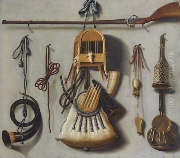 A Trompe L'Oeil Hunting Still Life With A Rifle, A Bird In A Cage, A Hunting Horn, A Bird-Whistle And Other Hunting Gear Oil Painting by Johannes Leemans