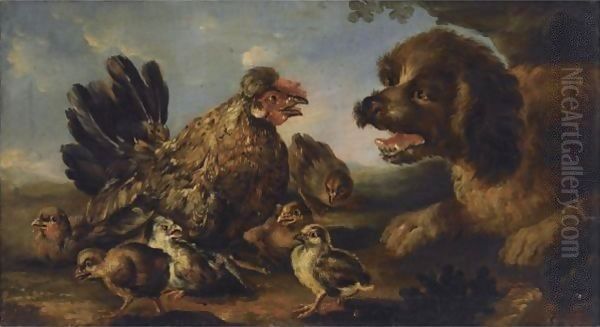 A Young Dog Barking At A Hen With Her Chicks Oil Painting by Angelo Maria Crivelli, Il Crivellone