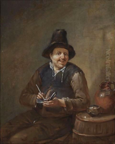 A Peasant Filling His Pipe, Sitting Next To A Barrel Oil Painting by Egbert Jaspersz. van, the Elder Heemskerck