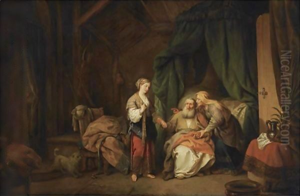 Sarah Offering Hagar To Abraham Oil Painting by Christian Wilhelm Ernst Dietrich