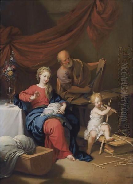 The Holy Family In An Interior With The Virgin Sowing And Joseph Woodworking Oil Painting by Christian Wilhelm Ernst Dietrich