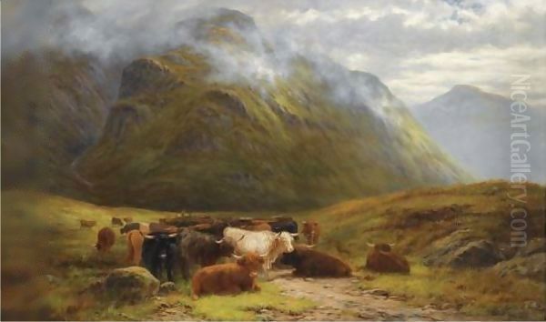 Highland Cattle Resting Near Buchal Etive, Glen Coe Oil Painting by Louis Bosworth Hurt