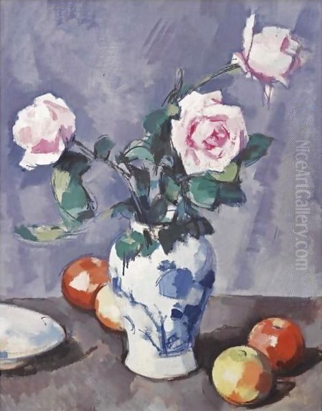 Still Life With Pink Roses Oil Painting by Samuel John Peploe