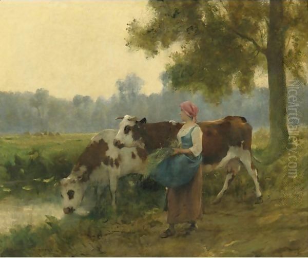 Young Maid With Her Cows At The Water's Edge Oil Painting by Julien Dupre