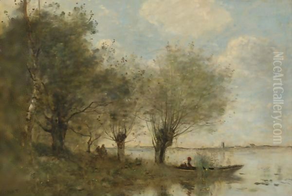 La Barque A La Pointe De L'Ile Oil Painting by Jean-Baptiste-Camille Corot