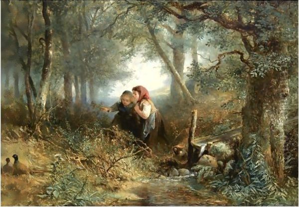 Children Discovering Pheasants Near A Stream Oil Painting by Jan Mari Henri Ten Kate