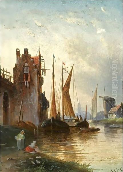 A River Scene At Dusk Oil Painting by Jan Jacob Coenraad Spohler