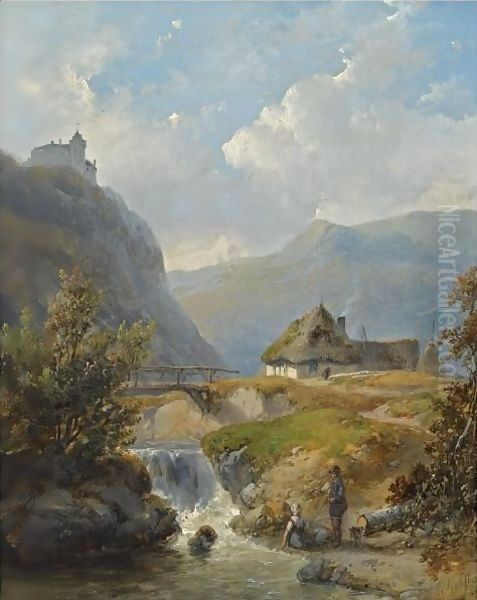 Two Figures Conversing In A Mountainous Landscape Oil Painting by Andreas Schelfhout