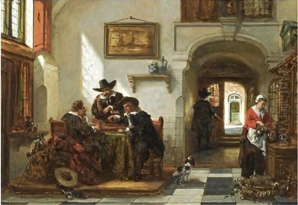 A Game Of 'Tric Trac' Oil Painting by Johannes Anthonie Balthasar Stroebel