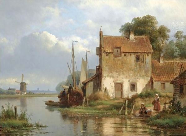 Washer Women At The Water Front Oil Painting by Lodewijk Johannes Kleijn