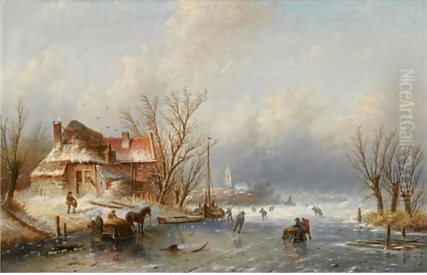 Skaters On A Frozen Waterway 2 Oil Painting by Jan Jacob Coenraad Spohler