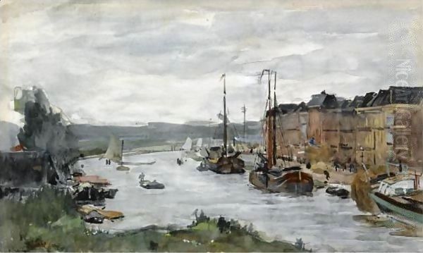 Moored Boats On A Canal, Scheveningen Oil Painting by Floris Arntzenius